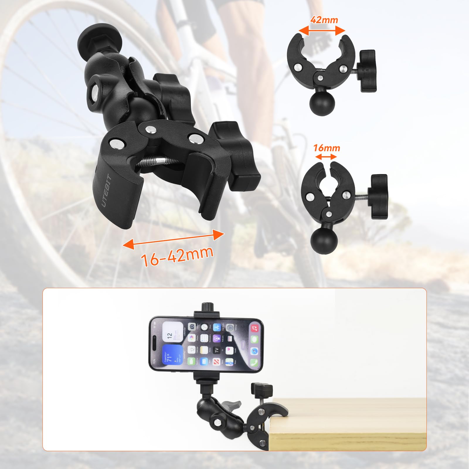 UTEBIT Uchwyt na kamerę sportową do motocykla ze śrubą 1/4", aluminiowy uchwyt na kamerę z podwójną głowicą kulową obracającą się o 360°, uchwyt do kamery GoPro, Insta360, DJI Osmo i telefonu