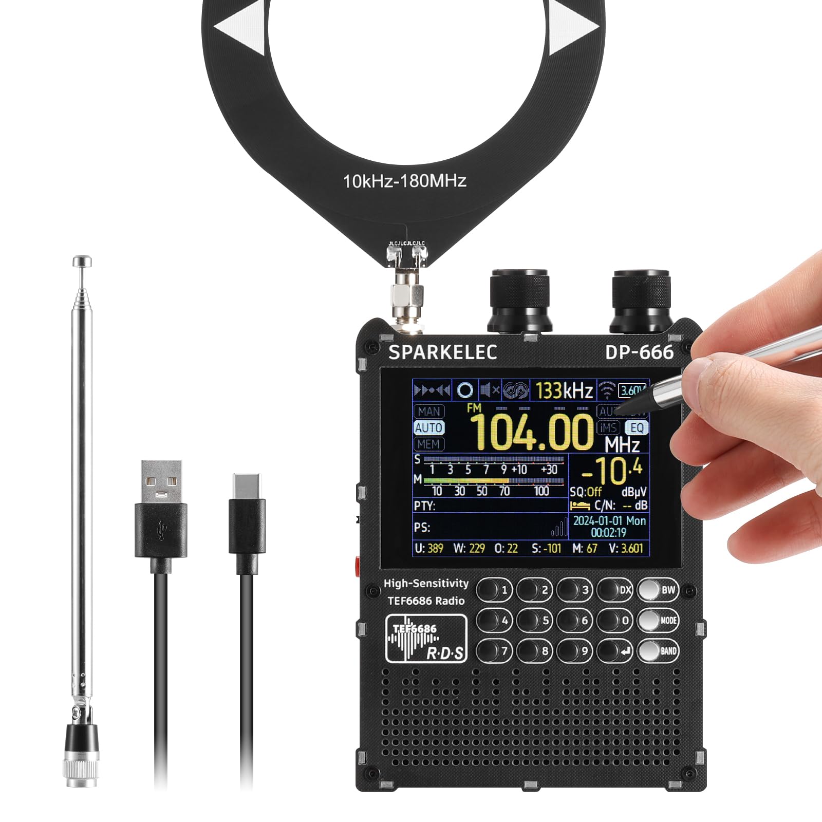Raddy DP-666 Radio DSP Banda Completa Chip TEF6686, Receptor Profesional Am/FM/LW/MW/SW RDS, Pantalla Táctil 2,8" con Stylus, Batería 5000mAh, Antena Telescópica y Donut, Portátil Actualizable