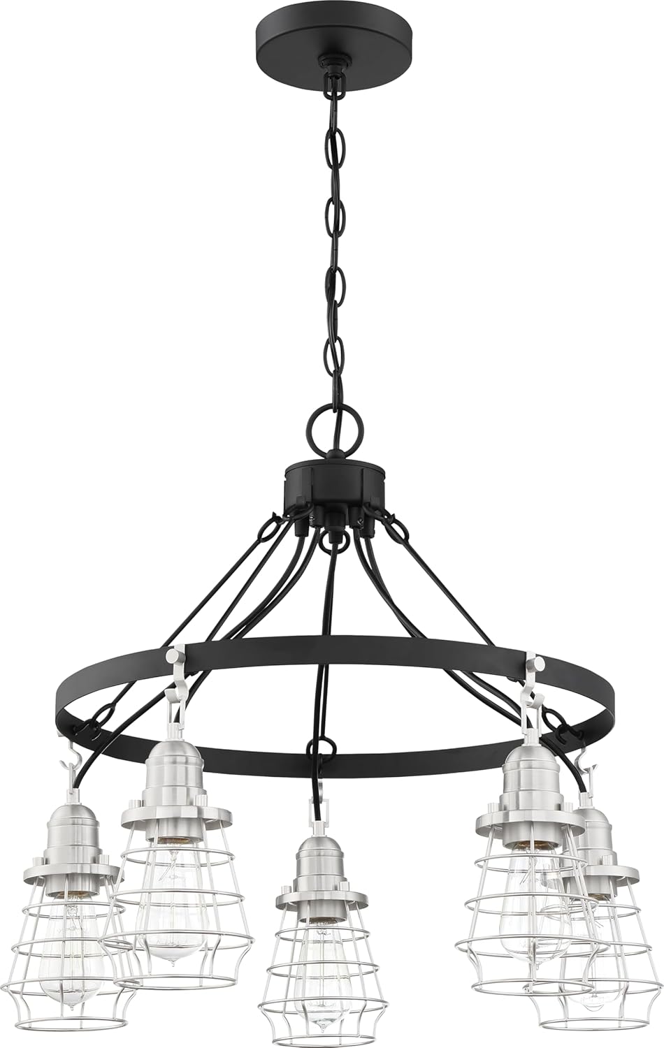 Craftmade 50623-FBBNK Thatcher Vintage Industrial Metal Wire Cage Down Chandelier, 3-Light 300 Watts, Flat Black/Brushed Polished Nickel