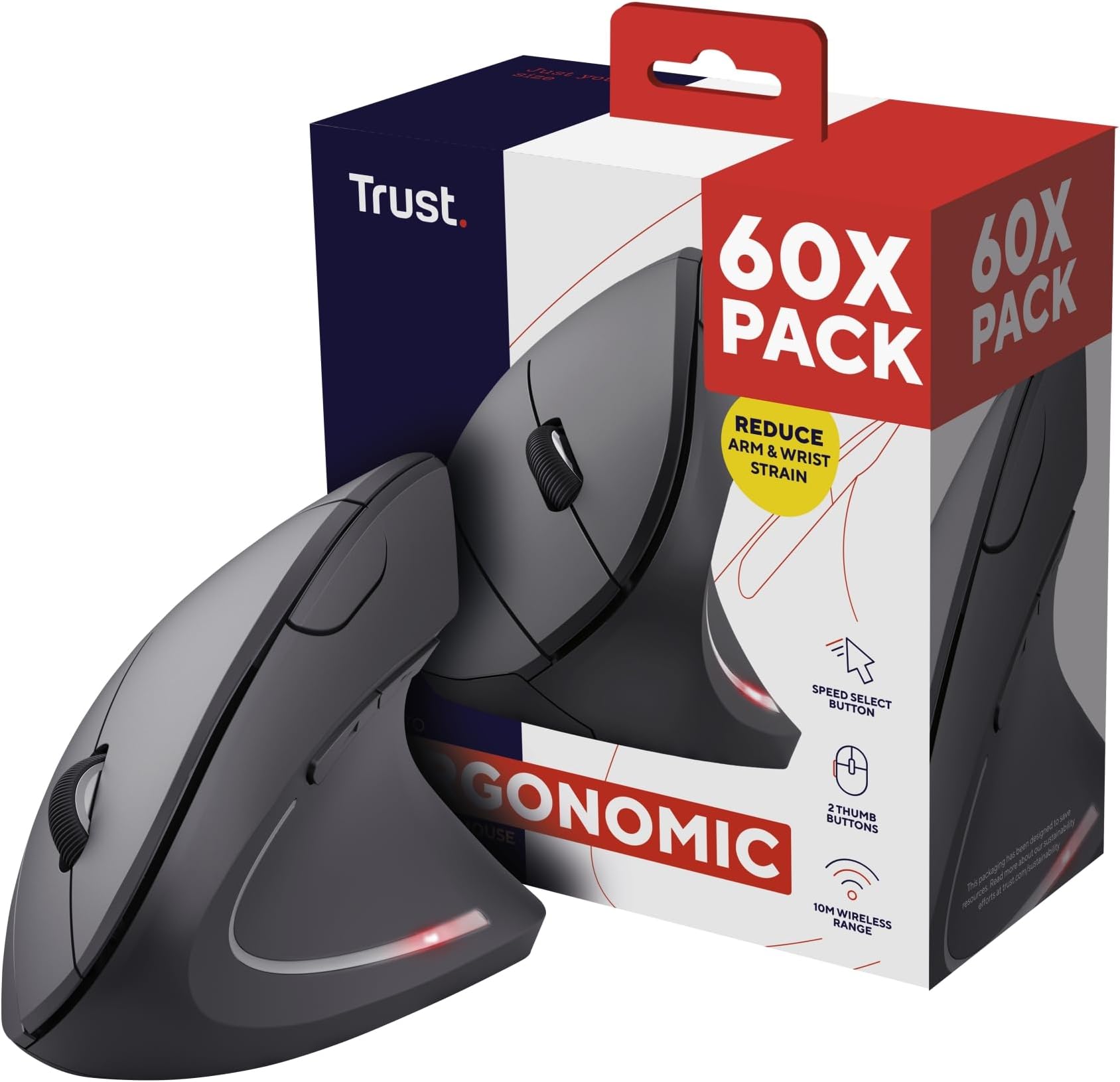 Trust Verto 60 Pack - 60x Wireless Ergonomic Mouse, Vertical Mouse with Storable USB Micro-receiver, 6 Buttons, Illuminated Mouse for Right Hand Users for PC, Laptop, Mac, Batteries Included - Black