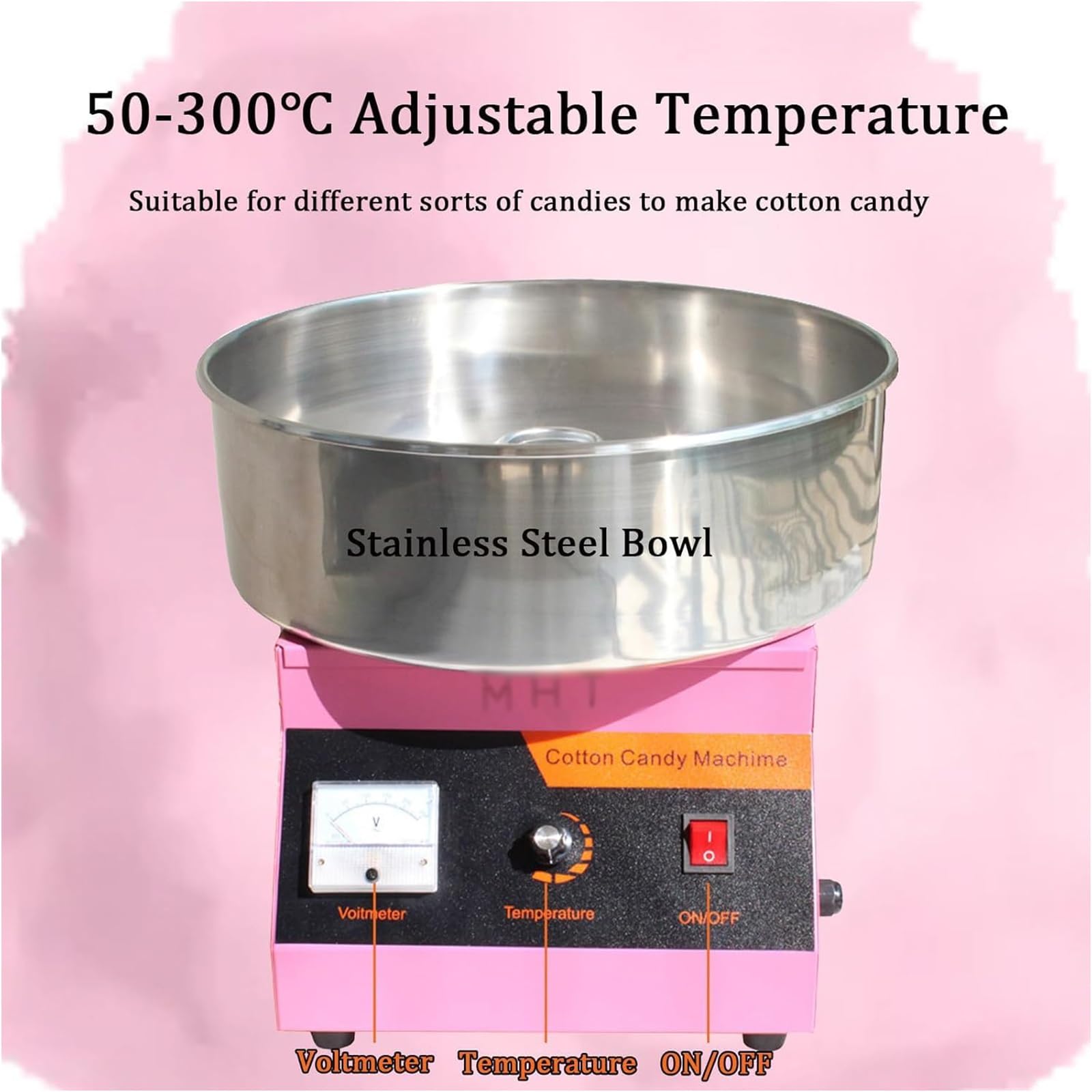 Máquina Comercial para Hacer algodón de azúcar, 1000 W, eléctrica, con Cuchara de Acero Inoxidable, Temperatura Ajustable de 50-300 °C y Pantalla de Voltaje, Ideal para cumpleaños