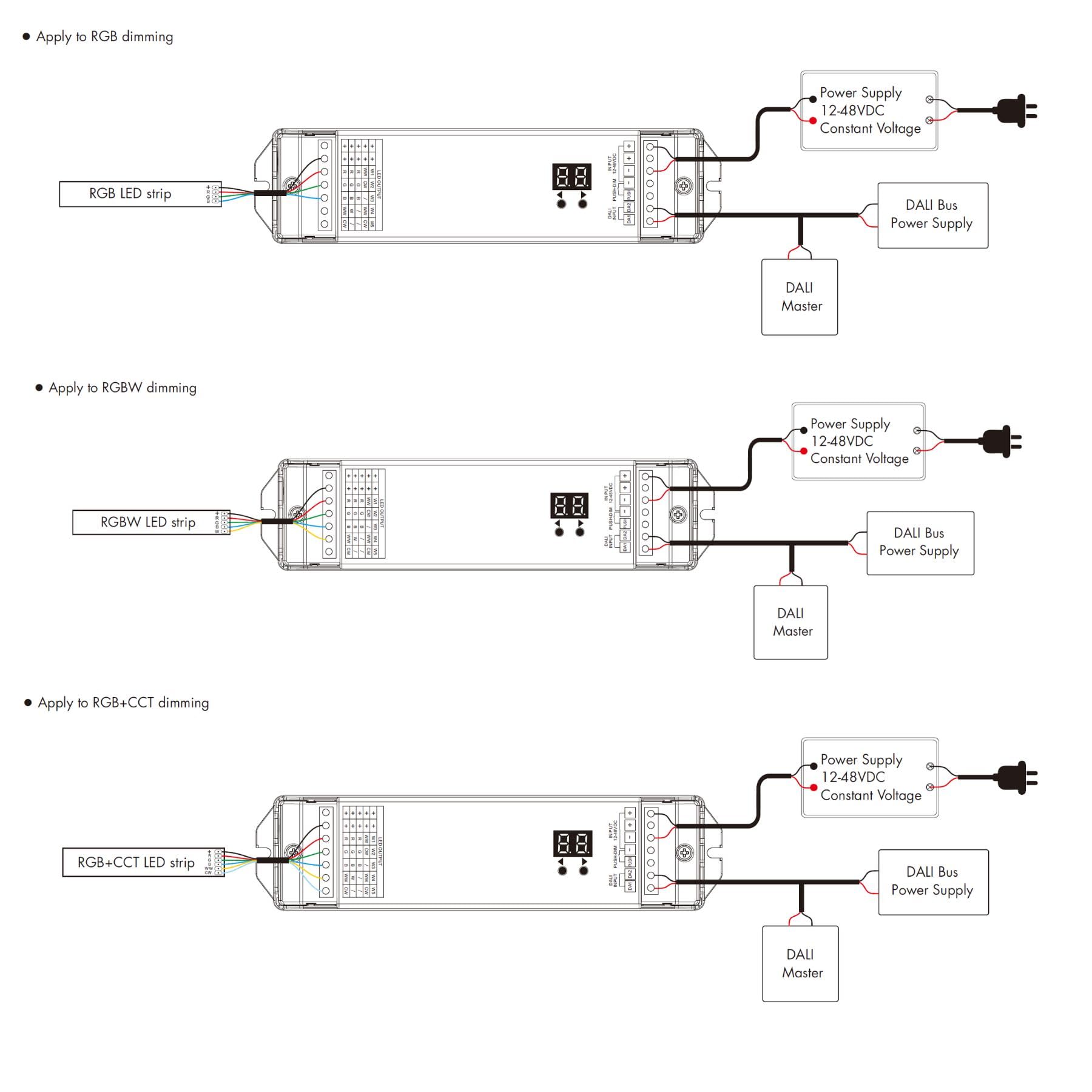 DALI-Dimmer 5 Kanäle, 5X4A@12V/24V, 5X3A@36V/48V, dimmbar mit NO-Taste, Push Dim, DALI-2, PWM, DT6 DT8 für einfarbige LED-Streifen CCT RGB RGBW RGB+CCT