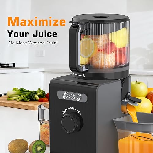 Miniatura 4 de Exprimidor de prensa en frío con canal de alimentación grande de 6.5 pulgadas, exprimidor para verduras y frutas enteras, alto rendimiento de jugo,