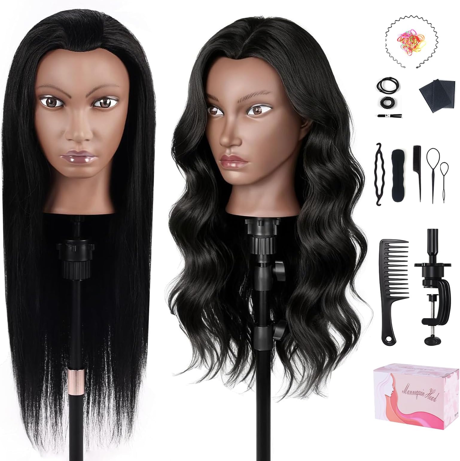 100% Real Hair Mannequin Head,TopDirect 26''Black Hairdresser Cosmetology Doll Head Styling,Manikin Heads Hairs Braiding DIY Styling with Clamp Holder and Tools Set