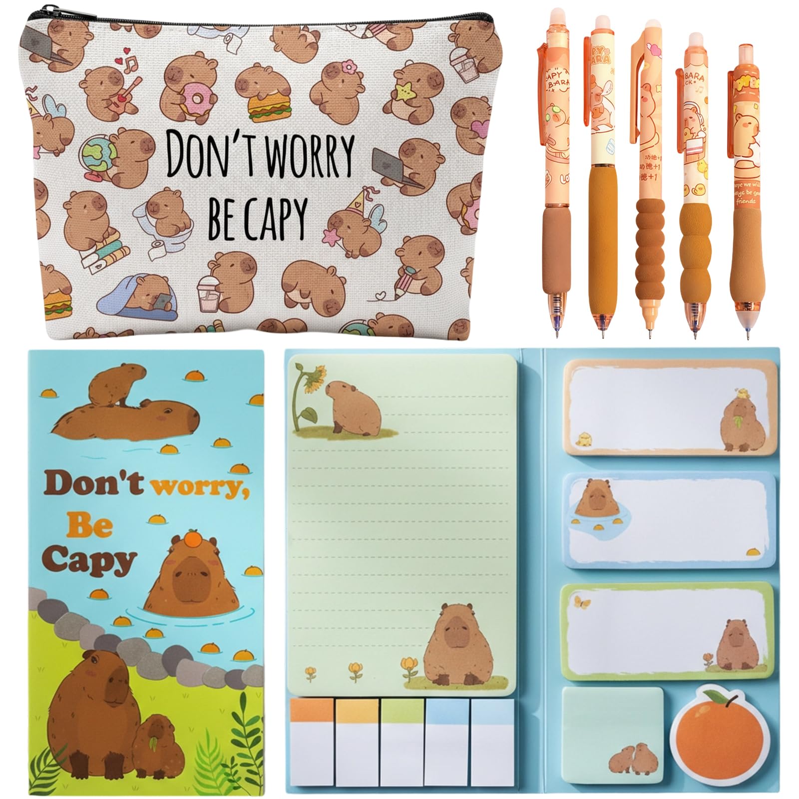 ZcrPrn Capybara Stationery Set, School Supplies for Girls, 7 PCS Cute Stationery Supplies with Pencil Case, Pens and Sticky Notes, School Supplies Gifts for Stationery Back to School Office Supplies