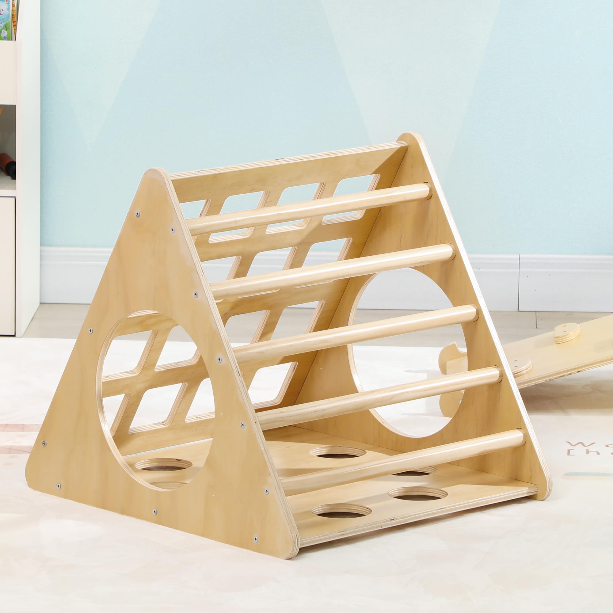 AIYAPLAY 8 en 1 Triángulo de Escalada Montessori con Arco y Rampa Escalada para Niños de Madera de 18-48 Meses con Bolsa de Arena 175x59,5 cm Natural