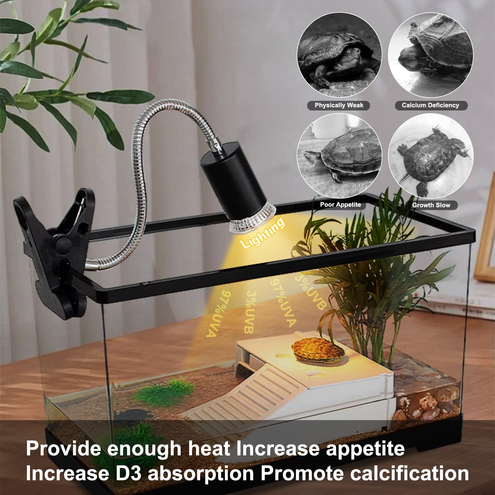 Lampada Tartarughe con 1 Portalampada E27 e 2 50W Lampadine UVA UVB a Punto Basking e Morsetto Girevole a 360° per Rettili, Tartaruga, Serpente, Lucertola, Camaleonte