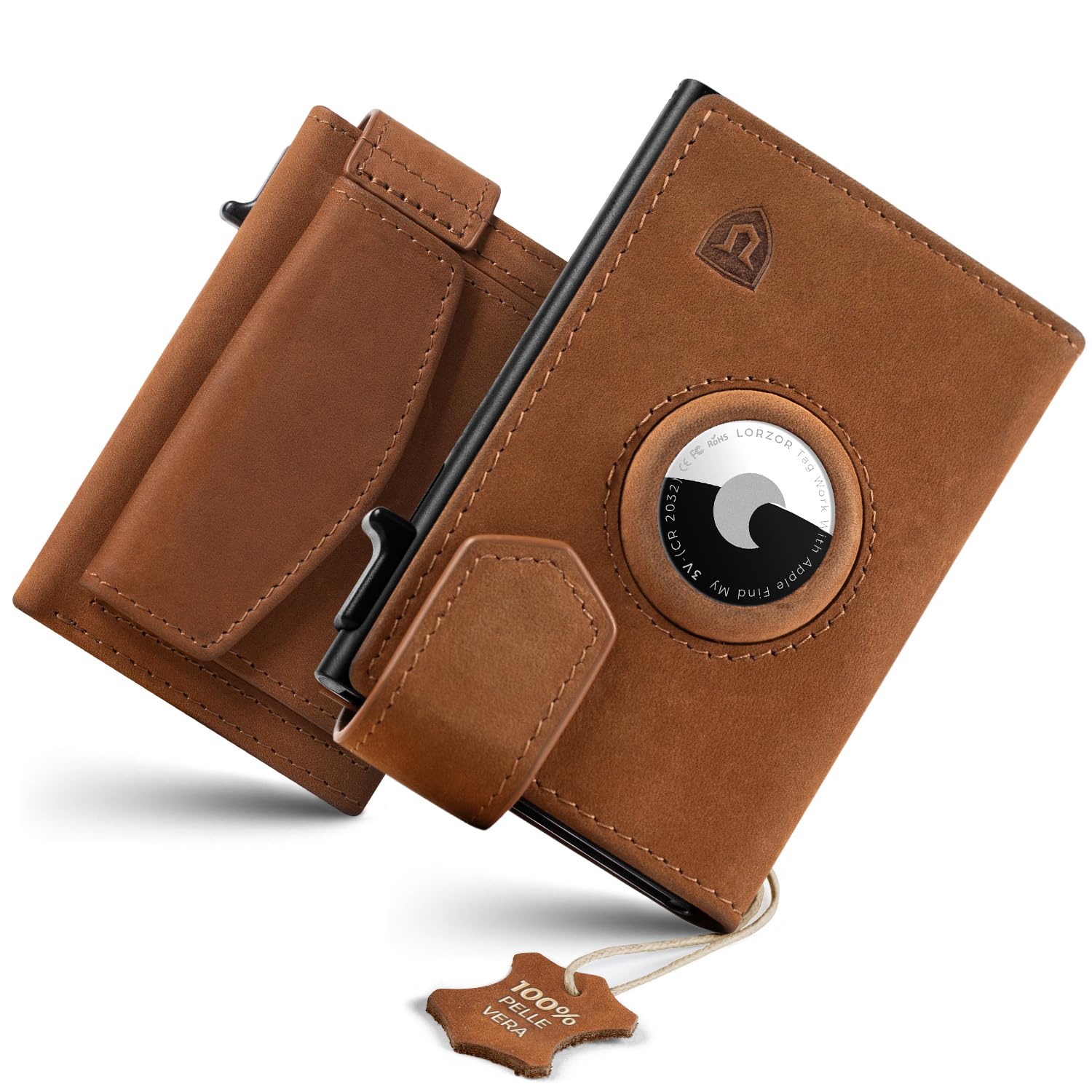 LORZOR Portafoglio Uomo Slim Airtag con Portamonete XXL, Porta Carte di Credito in Pelle con Protezione RFID, Portacarte Uomo Pop-up con Chiusura Magnetica,Wallet per 10 Carte, Porta Tessere Tascabile
