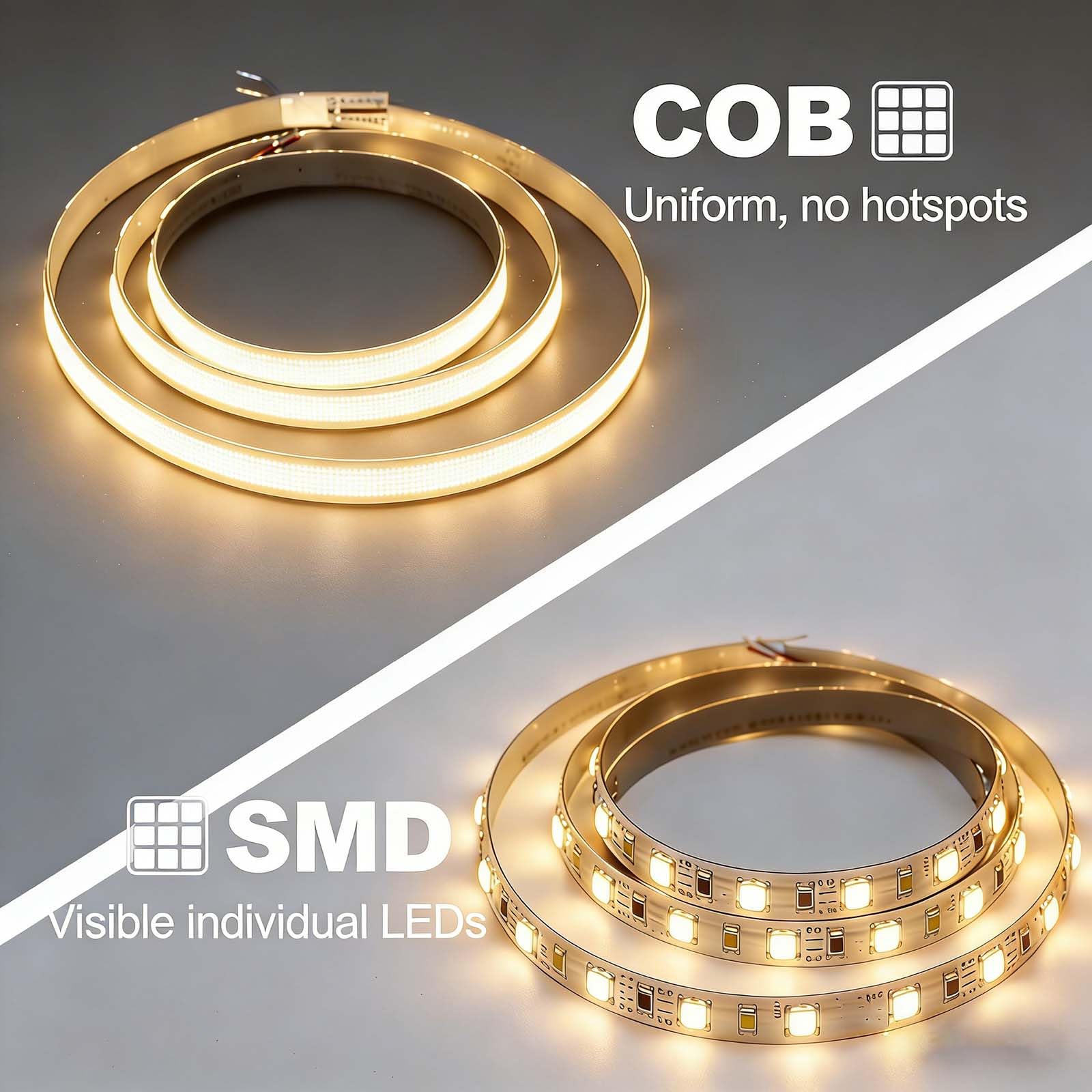 Ruban LED COB 5M Blanc Chaud 3000K Etanche, Bande LED 24V Diffusé Haute Luminosité 800LM/M, CRI>93, 10.5W/M, Découpable, Autocollante pour Décoration DIY Intérieur/Extérieur