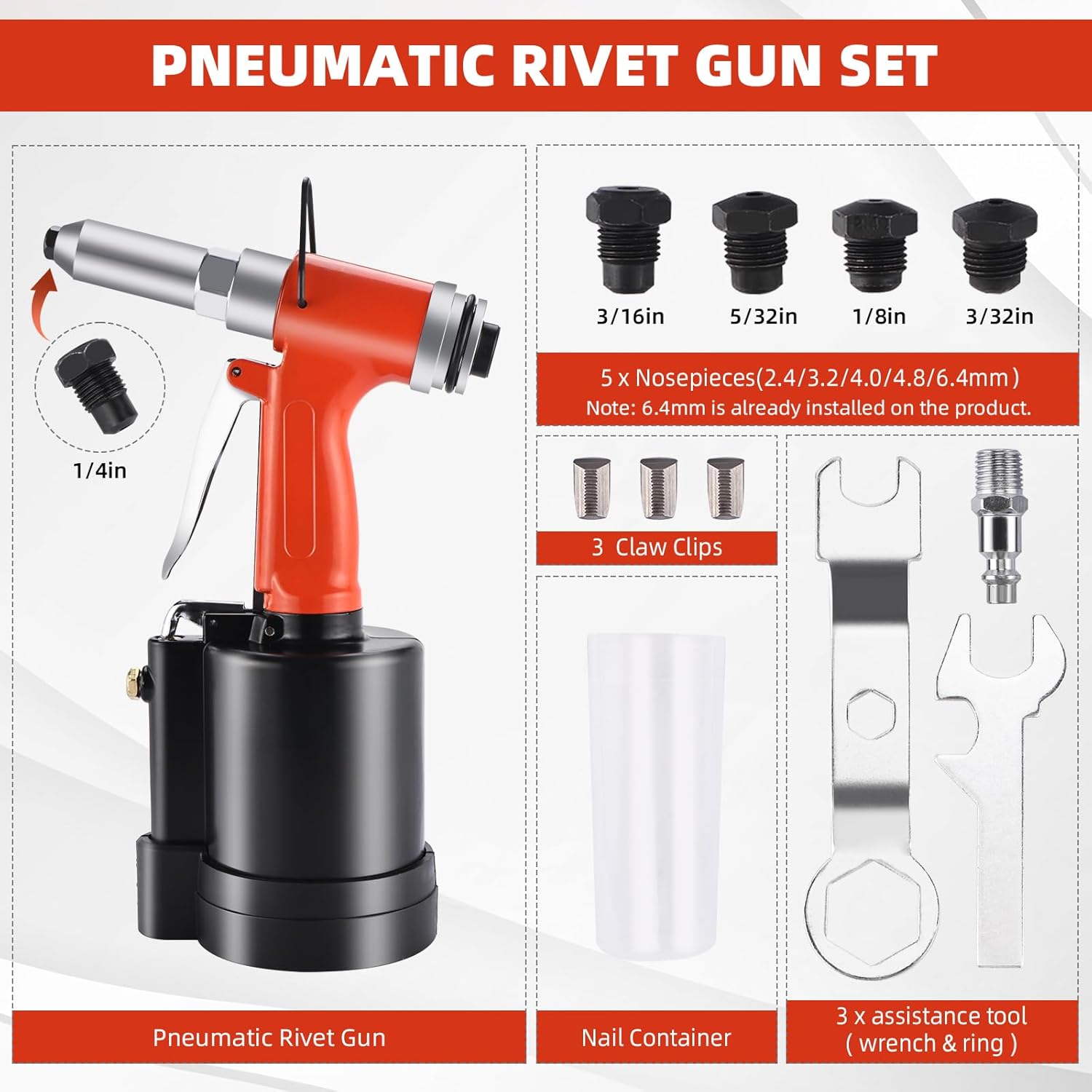 8MILELAKE Pneumatic Pop Rivet Gun Air Riveter Tool Heavy Duty Riveting Machine with 5 Sizes Nosepieces and 3 Claw Clips