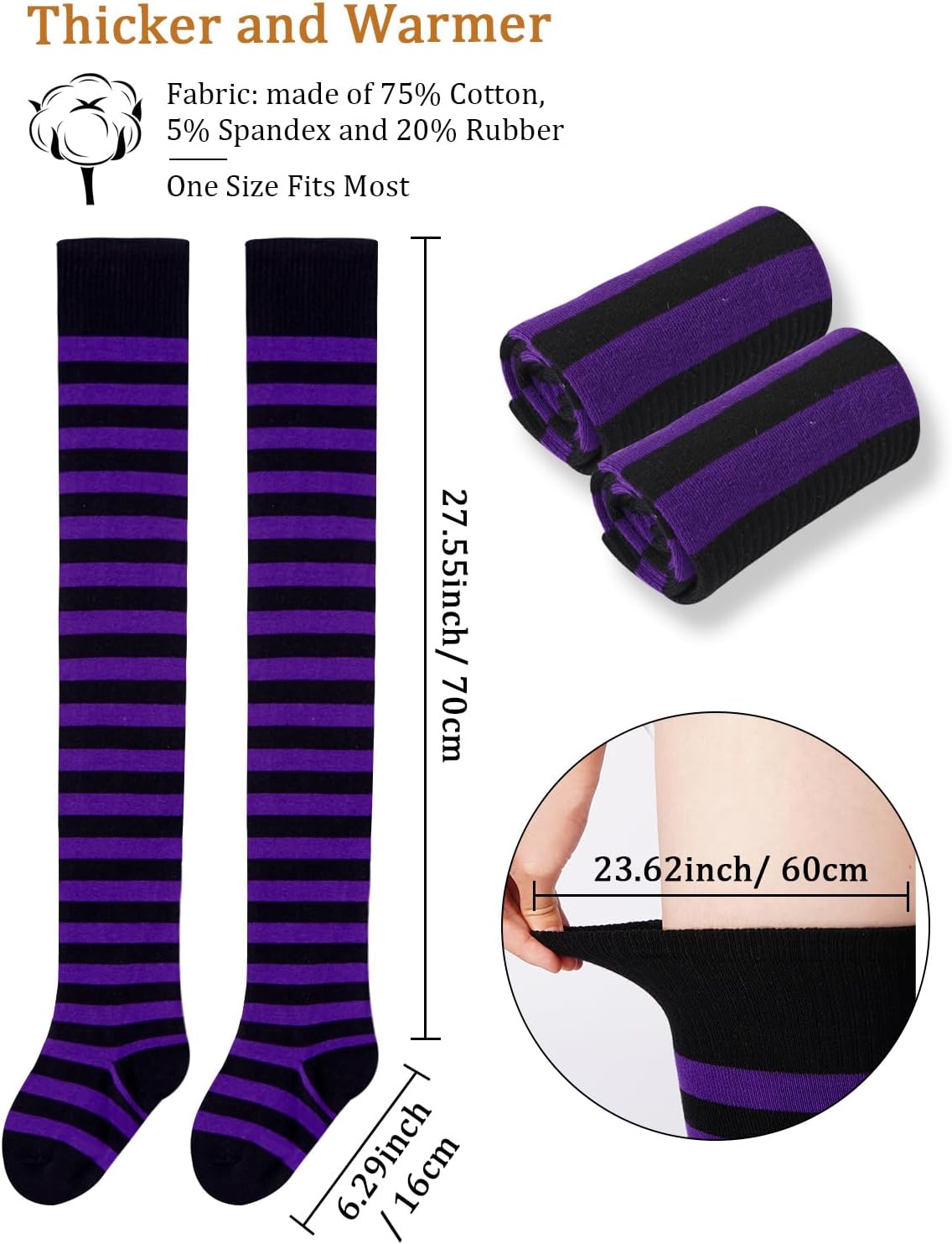 Moon Wood Womens Thigh High Socks Striped Knee High Socks Extra Long Cotton Knit Over the Knee Socks for Halloween - Image 4