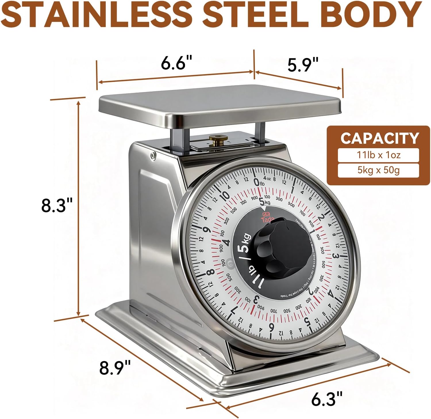 Tada 11lb Stainless Steel Analog Kitchen Mechanical Dial Scale Manual Food Scale with Platform for Restaurants and Cooking