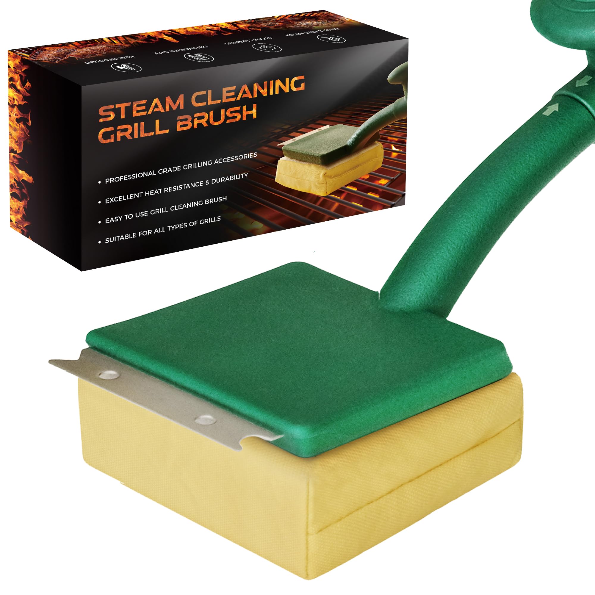 Grill Brush Bristle Free with Scraper, 22" Steam Grill Brush for Outdoor Grill, Replaceable Cleaning Head, Grill Cleaner for Cast Iron/Stainless Steel Grates - Green