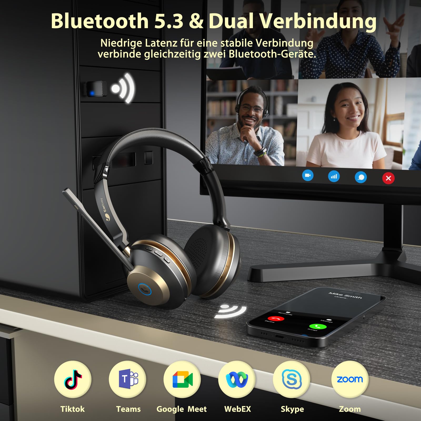 Cuffie Bluetooth Con Microfono - Cancellazione Rumore, 28 Ore Autonomia, Doppia Connessione, Per PC, Telefono E Videoconferenze - Foto 12