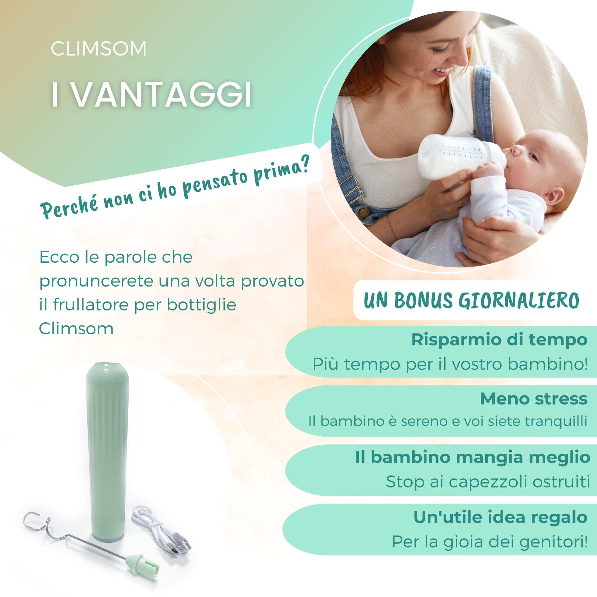 Climsom - Miscelatore per biberon ricaricabile tramite USB, 3 velocità, miscela omogenea senza grumi, facile da pulire, per qualsiasi tipo di latte, idea regalo