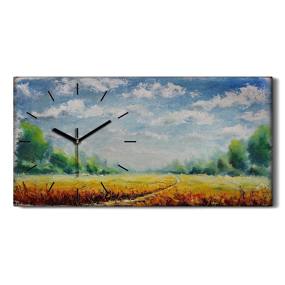 Horloge sur toile sans tic-tac et aiguilles noires motif forêt de 60x30cm