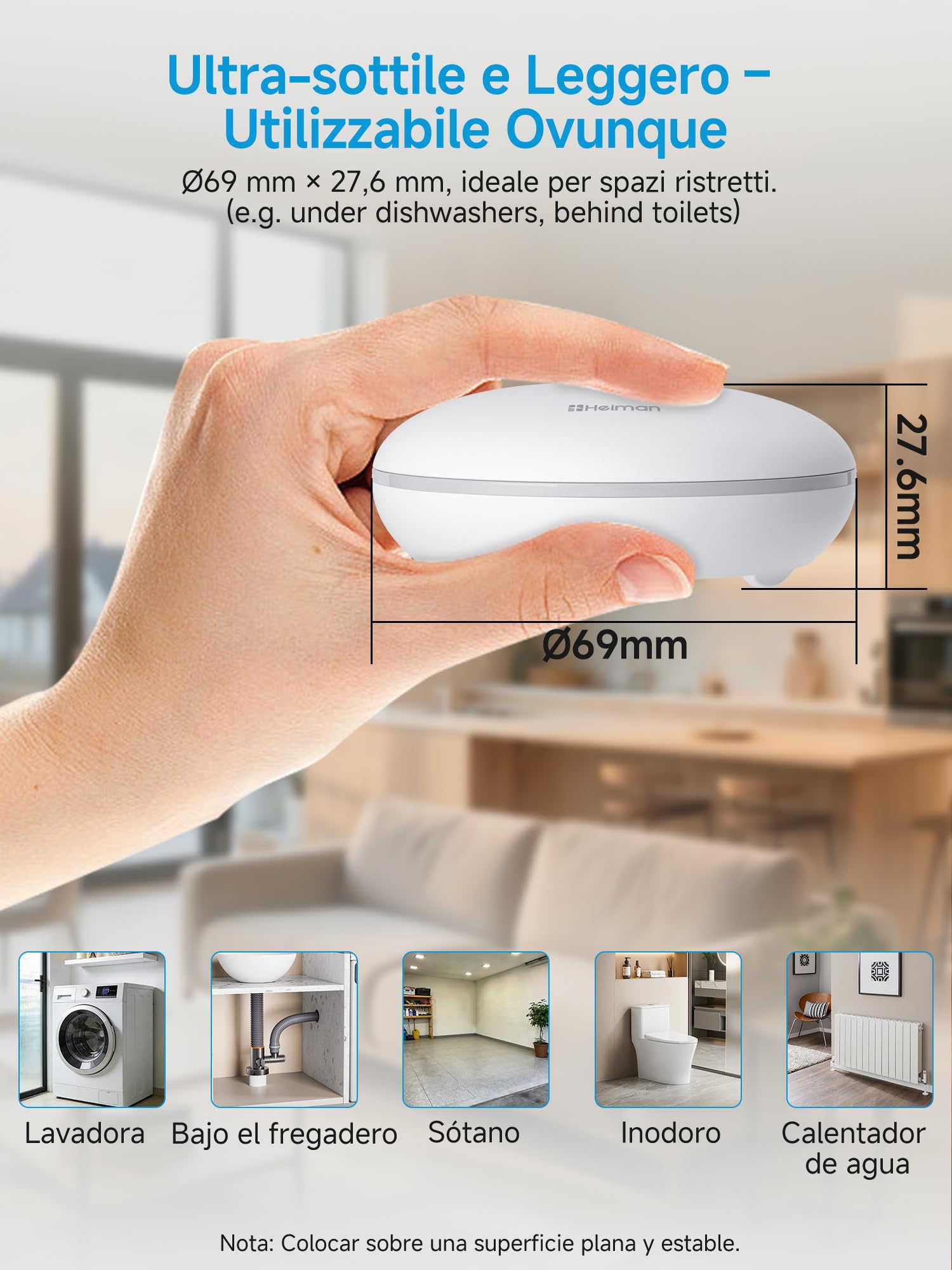 Heiman Rilevatori d’Acqua, Sensore d'Acqua Smart con Hub, Notifica App, Batteria 10 Anni, IP67 Impermeabile, Sensore WLAN per Cantina & Cucina, Kit Allarme Allagamento (solo 2,4GHz), 3 Pezzi