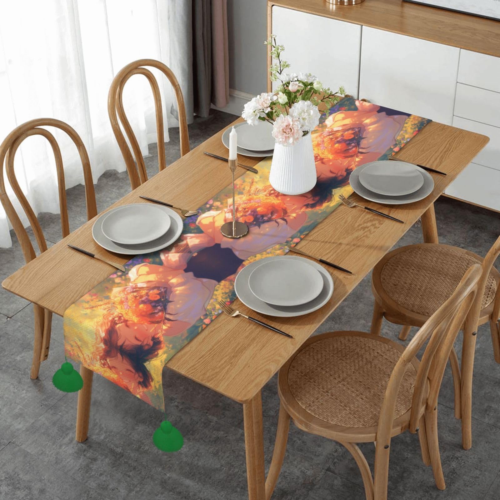 Chemin de table imprimé fleurs idéal pour un mariage champêtre ou un repas de ferme chaleureux