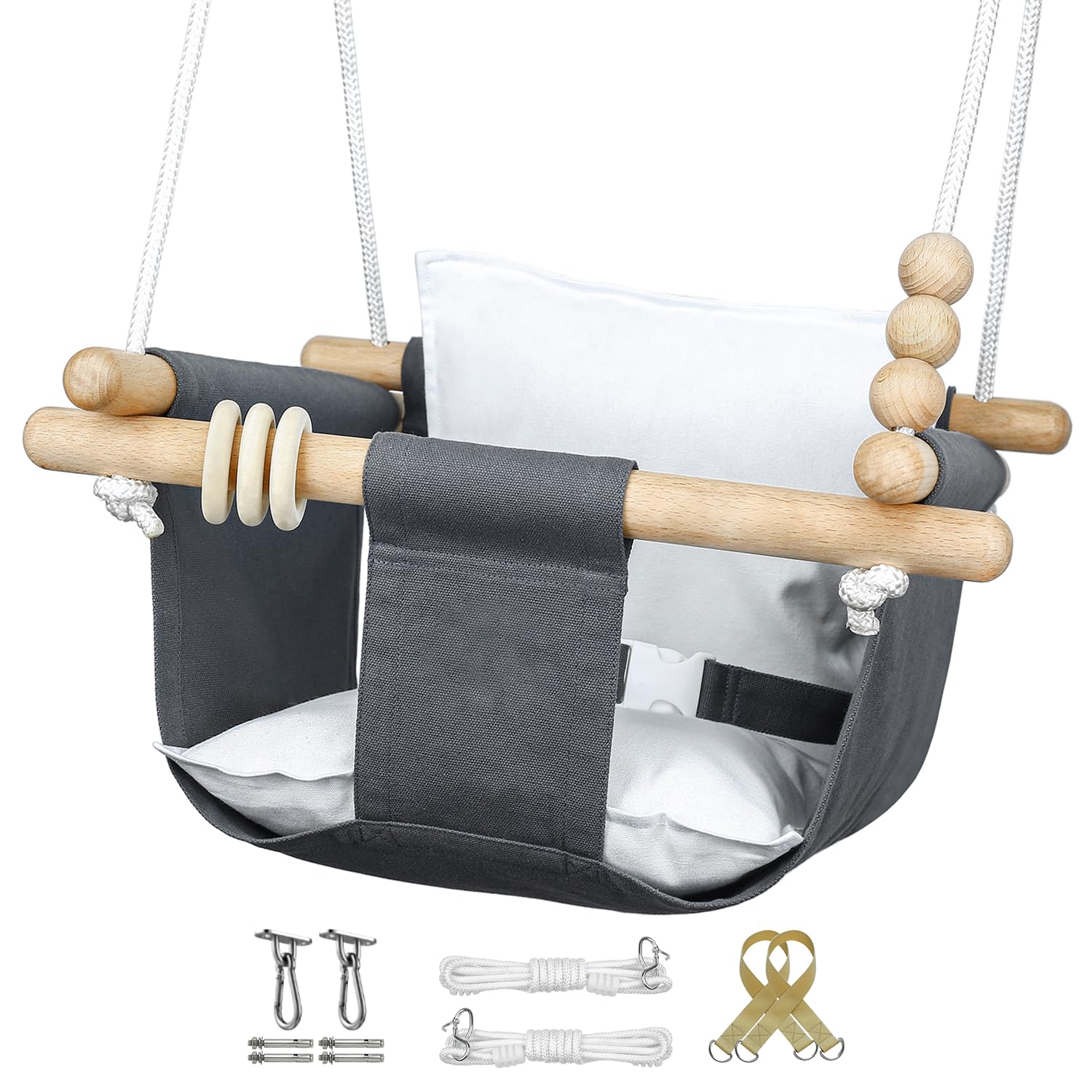 Baby Swing Outdoor and Indoor - Canvas Baby Swing 6 Months to 3 Years, Durable Baby Swing Chair, Indoor Baby Swing, Outdoor Baby Swing, Full Set of Ceiling Screws (Gray)