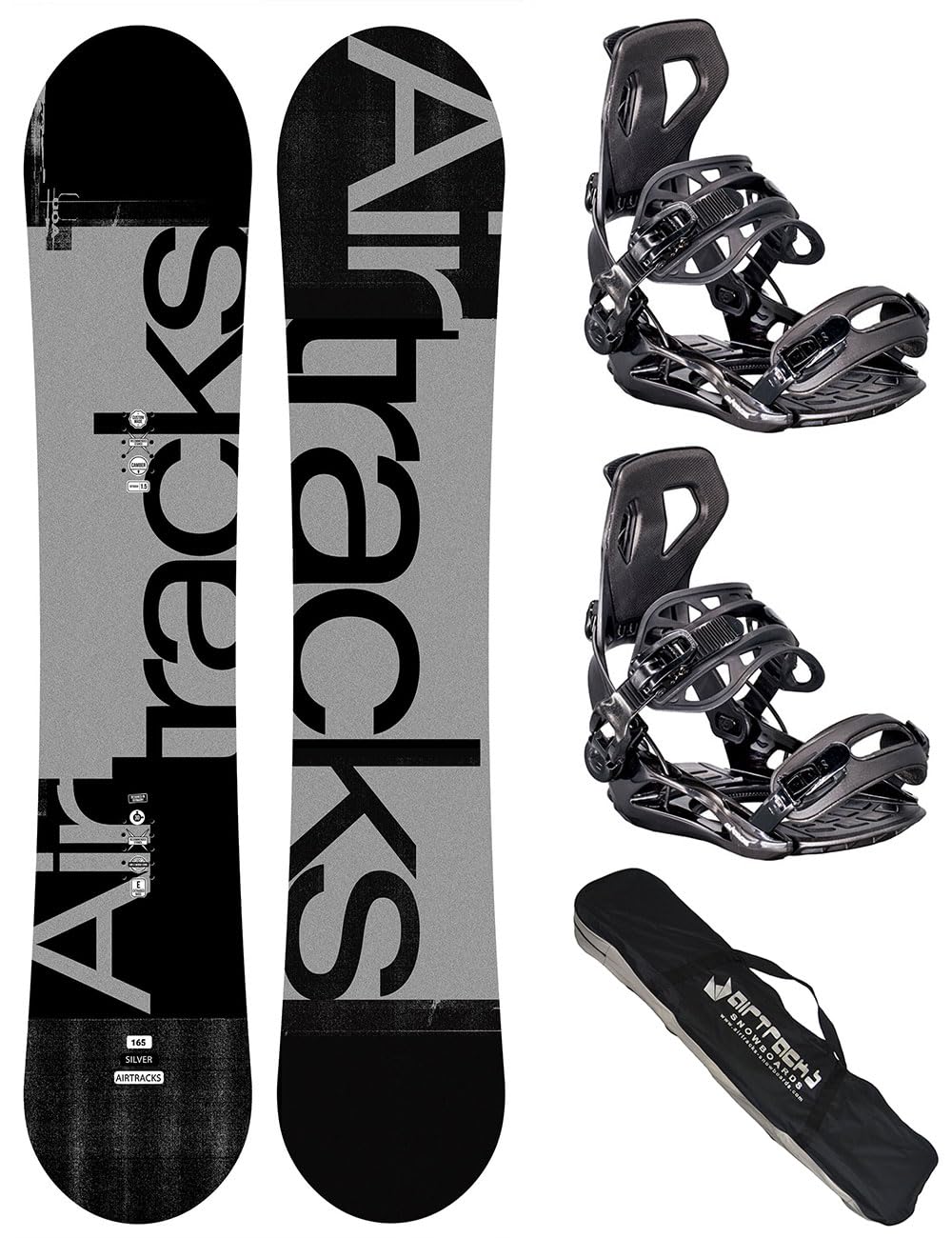 Airtracks Snowboard Set - Silver Camber Snowboard Extra Wide + Bindung Master Fastec + Snowboard Bag 155 159 161 165 171 cm