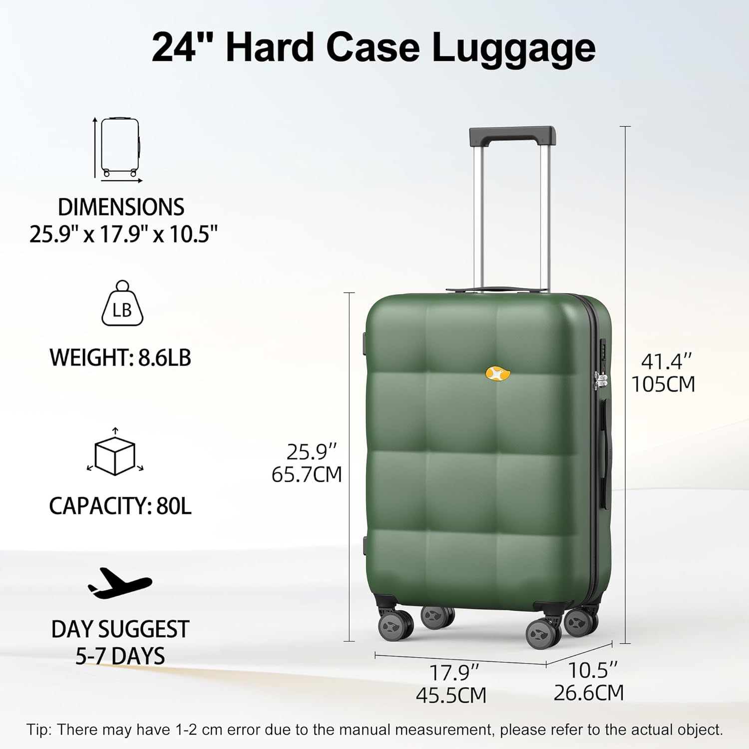 MGB 24 Inch Luggage Suitcases With Spinner Wheels Lightweight PC Hard Shell Rolling Suitcase with Travel Lock for Travel Woman Men, Checked-Medium 24-Inch, Dark Green