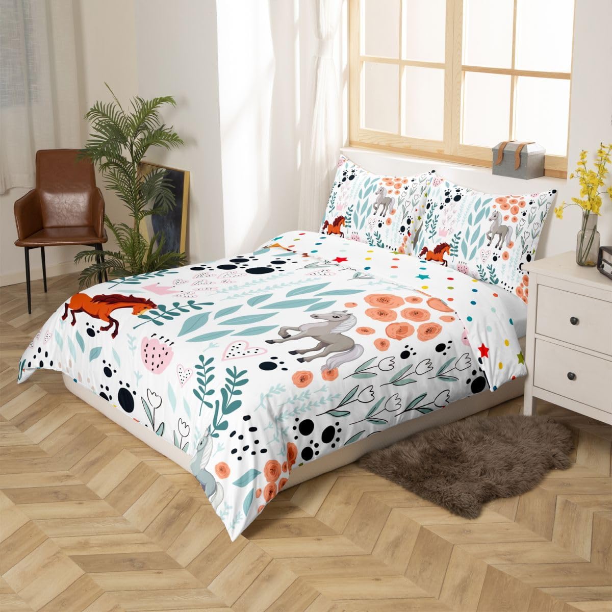 Erosebridal Kawaii Horse Bedding Set,Cartoon Horse Duvet Cover Queen,Cute Love Heart Leaf Floral Comforter Cover for Kids Girls Boys,Paw Print Farm Animal Bed Sets with 2 Pillow Cases