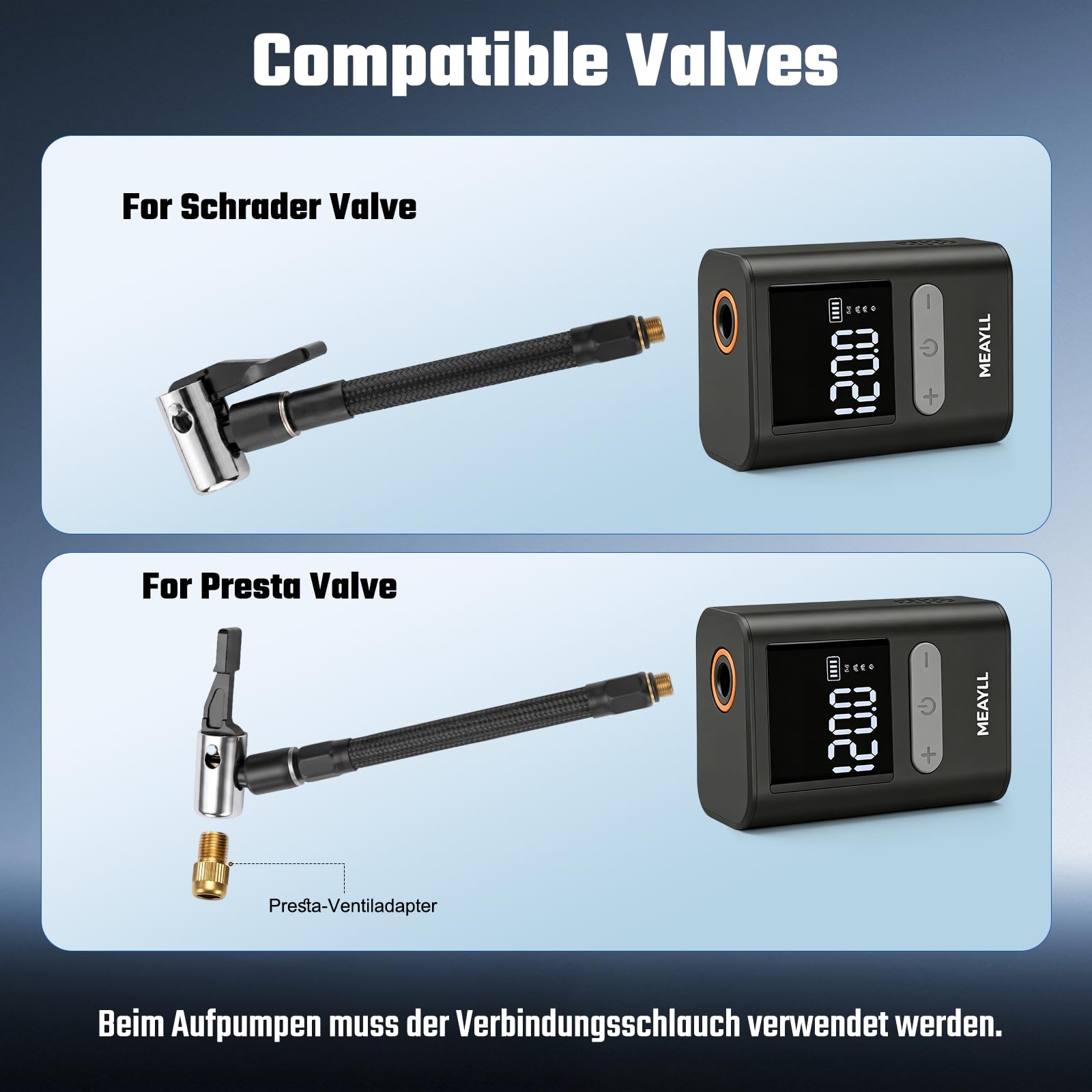 Mini Fahrradpumpe Elektrisch mit Manometer, 120 PSI Mini Pumpe für Auto-Stopp und schnelles Aufpumpen, 500 mAh Akku Luftpumpe Fahrrad mit Presta- und Schrader-Ventil für Rennrad, MTB, E-Bike, Motorrad