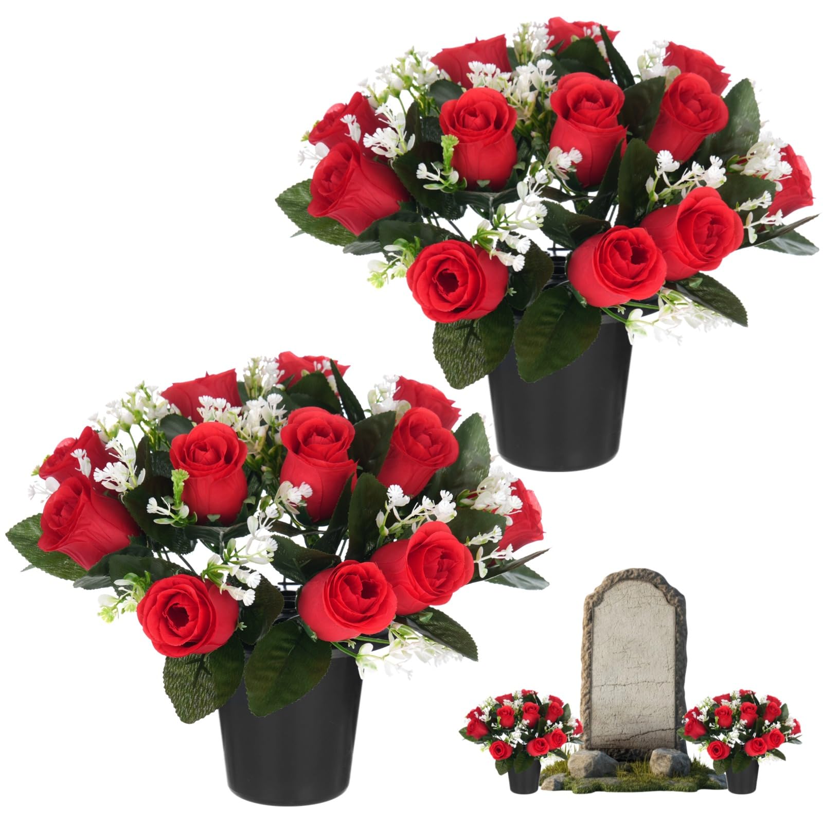 Varku 2 PCS Artificial Flowers for Graves, Artificial Red Rose Arrangement with 12 Flower Heads, Memorial Cemetery Floral Decoration for Funeral Gravesite Home Remembrance Display