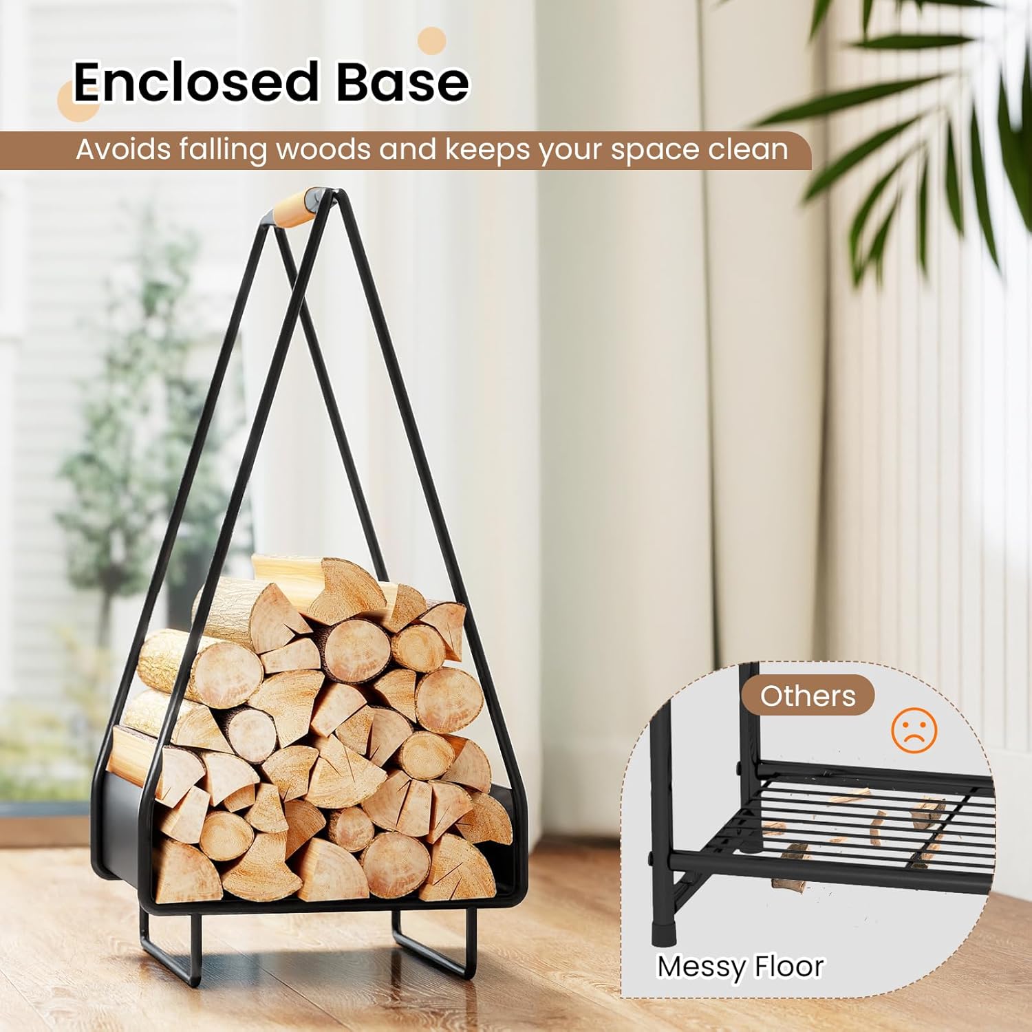 Goplus Firewood Storage Rack, Heavy-duty Metal Log Holder with Handle & Square Rack, Indoor & Outdoor Fireplace Decoration Organizer for Pit, Stove, Campfire, No Assembly
