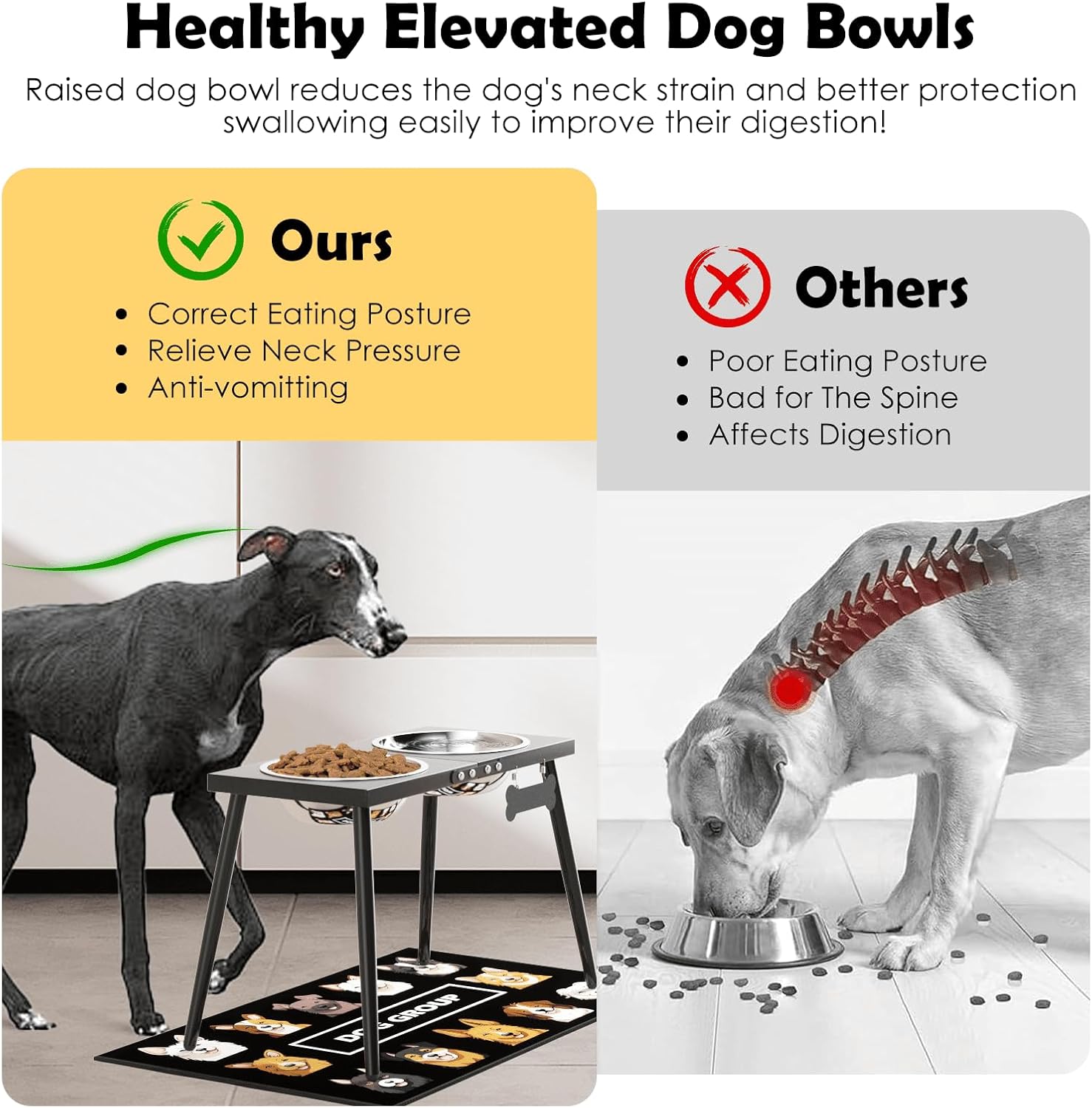 Metal Raised Dog Bowl Stand for Extra Large & Large, Dogs Food & Water Bowls 15" Tall,with Sprill Proof Mat, Raised Stand (70OZ-Stainless Steel Dog Bowls, Mat-20x31)