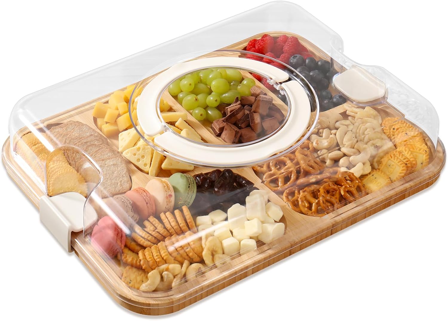 Cutting Board - Charcuterie Boards, Charcuterie Board with Cover, Portable Cheese Board for Travel, Convenient Lid with Handle and Locks (6 Compartments Cream)