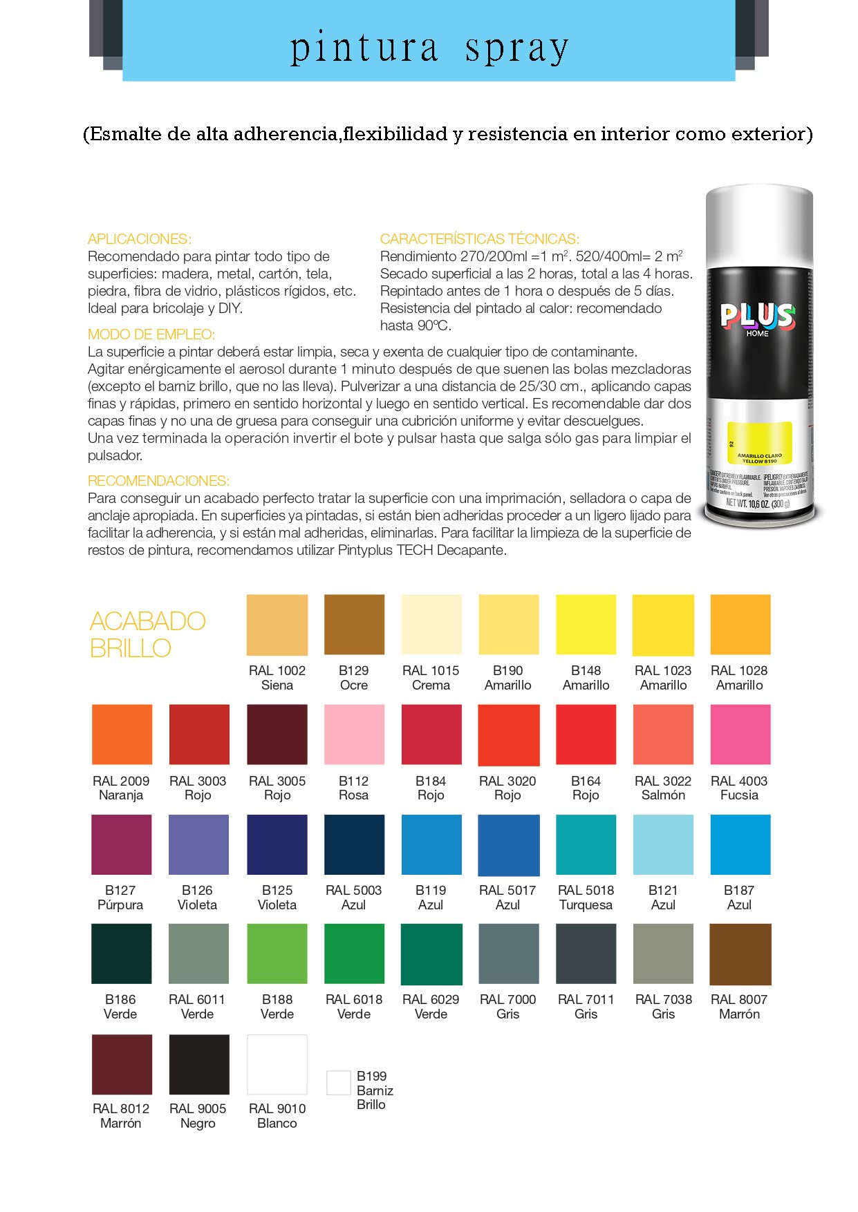 PLUS HOME Pintura Spray 520cc para pintar todo tipo de super cies: madera, metal, cartón, tela, piedra, bra de vidrio, plásticos rígidos, etc para bricolaje y DIY.Blanco Mate (Ral:9010)(Paquete de 6)