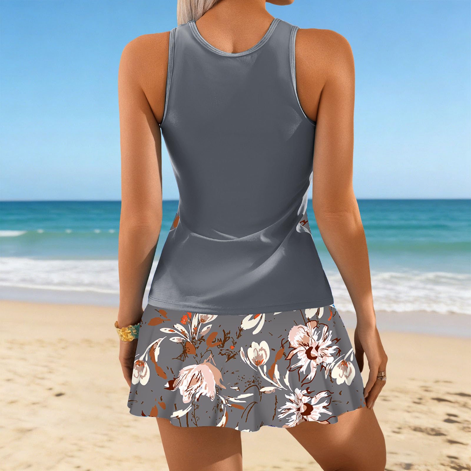Bañadores Mujer 2 Piezas Tankini Cuello Redondo Conjunto de Bikini Top y Shorts Bottom Cintura Alta Control de Barriga Push Up Bañador Mujer Reductor Barriga para Playa Piscina Verano