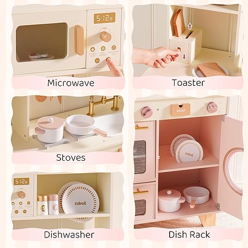 Miniatura 7 de ROBUD Play Kitchen, juego de cocina de juguete grande rosa con cafetera y tostadora para niños pequeños a partir de 3 años, cocina de madera para