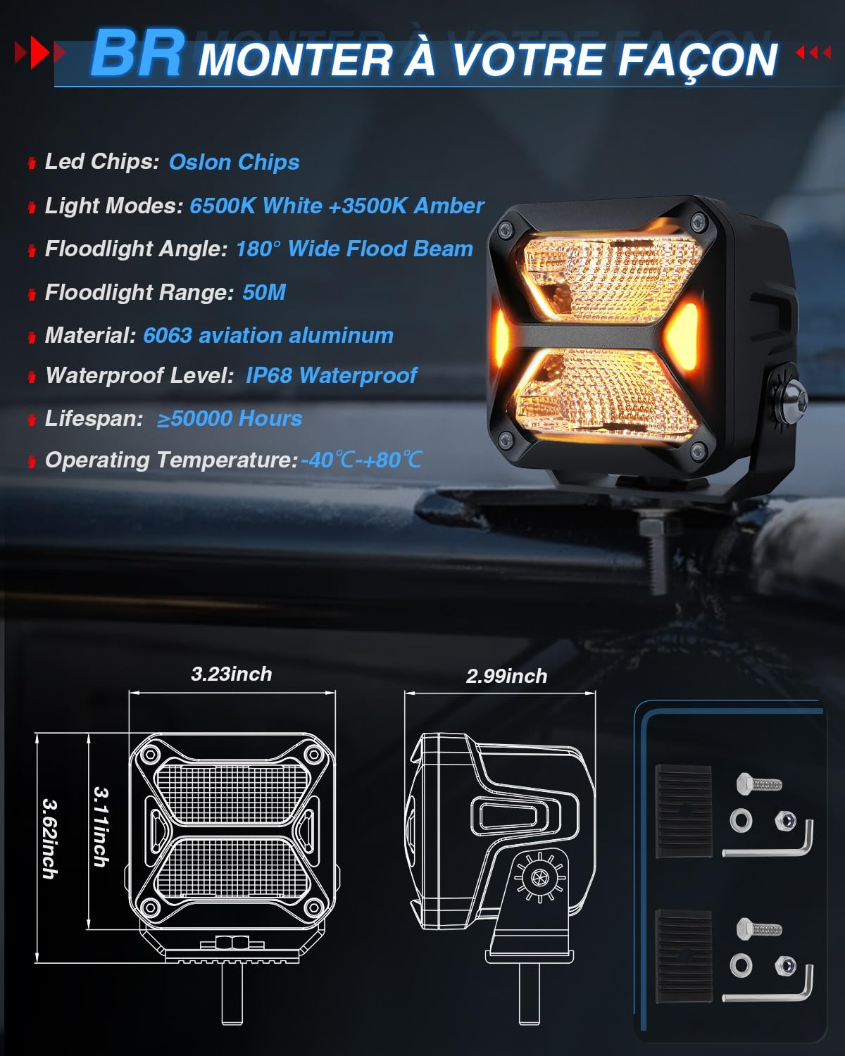 BraveWAY Phare de Travail LED 3 Pouces 60W Dernier en 2024 Projecteur Flood LED 12V pour Feux Antibrouillard de Moto, Voiture, Tracteur, Camion, SUV, Bâteau et Caravane.