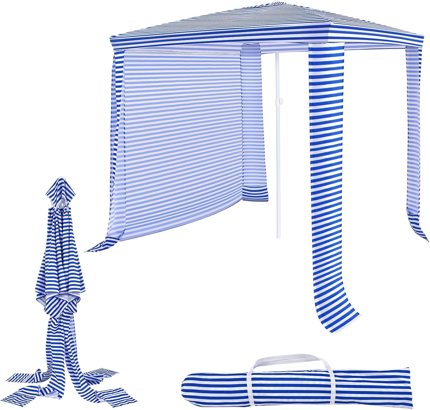 GYMAX Beach Cabana, 6.7 FT x 6.8 FT Height Adjustable Beach Umbrella with Detachable Sidewall & Carry Bag, Portable Easy to Set up Beach Canopy Tent for Outdoor Poolside Patio