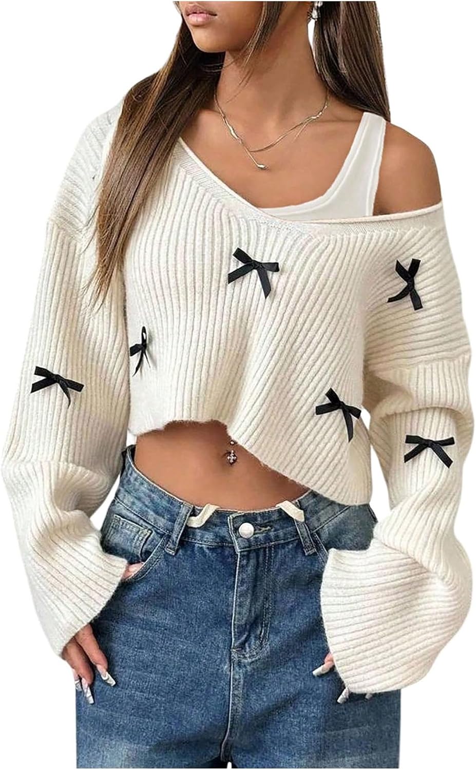 OYOANGLE Girl's Long Sleeve Bow Cropped Sweater V Neck Knit Pullover Tops