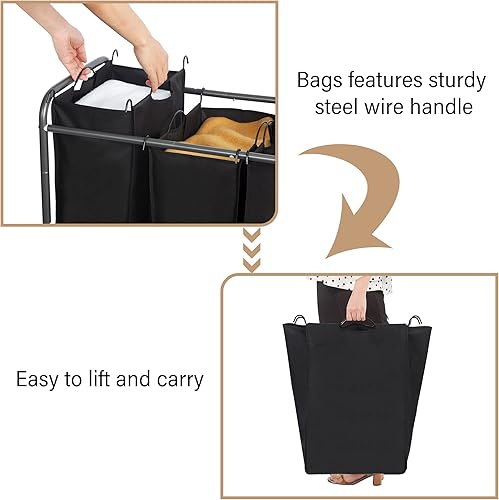 Miniatura 4 de STORAGE MANIAC Clasificador de ropa sucia de 3 secciones, carrito de 3 bolsas con ruedas enrollables resistentes y bolsas extraíbles, organizador de