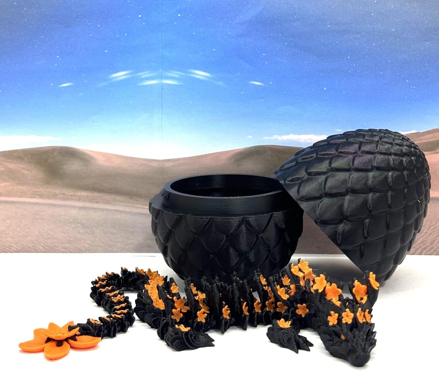 3D Printed Dragon Egg, 12 Inch Black & Orange Cherry Blossom Fidget ADHD Autism Sensory Toy D064-BE