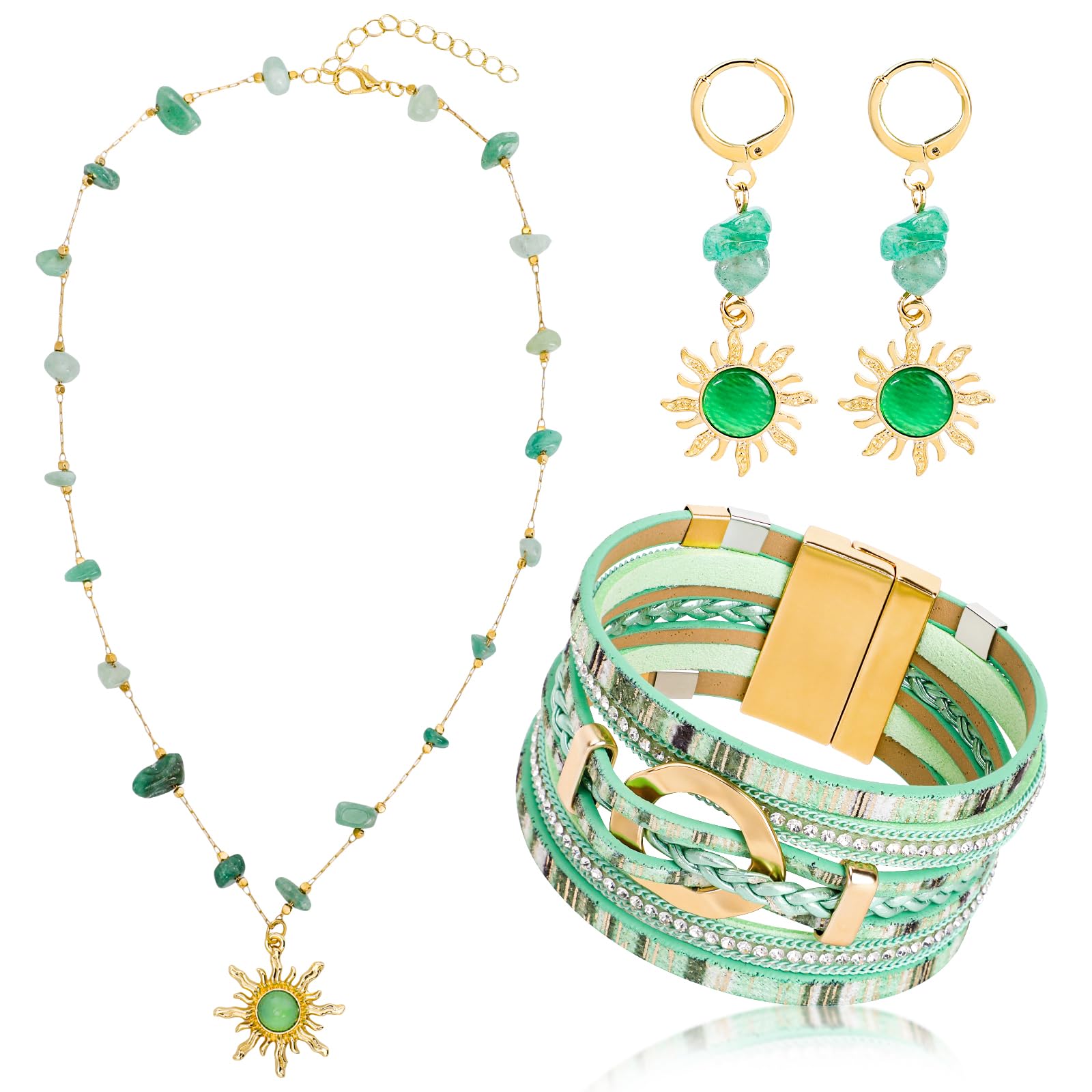 Collier Ethnique Bohème Ensemble Bijoux Parure Collier Multicouche En Corde De Cire Vert Boucle D'oreilles Bracelet - Montres & Bijoux Collier Boheme Femme
