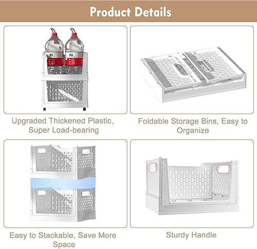 Miniatura 7 de Cesta de almacenamiento de plástico apilable, paquete de 3 organizadores plegables de armario y contenedores de almacenamiento con ruedas, estante