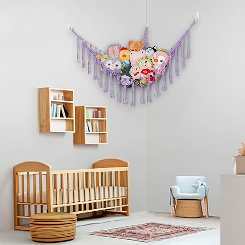 Miniatura 5 de Hamaca esquinera de animales de peluche, hamaca grande tejida a mano con anillos de madera, almacenamiento de animales bohemios para guardería y