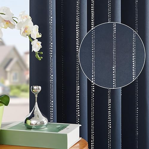 jinchan Cortinas opacas bohemias para dormitorio, estampado de puntos plateados, color azul marino, 96 pulgadas de largo, pestañas traseras,
