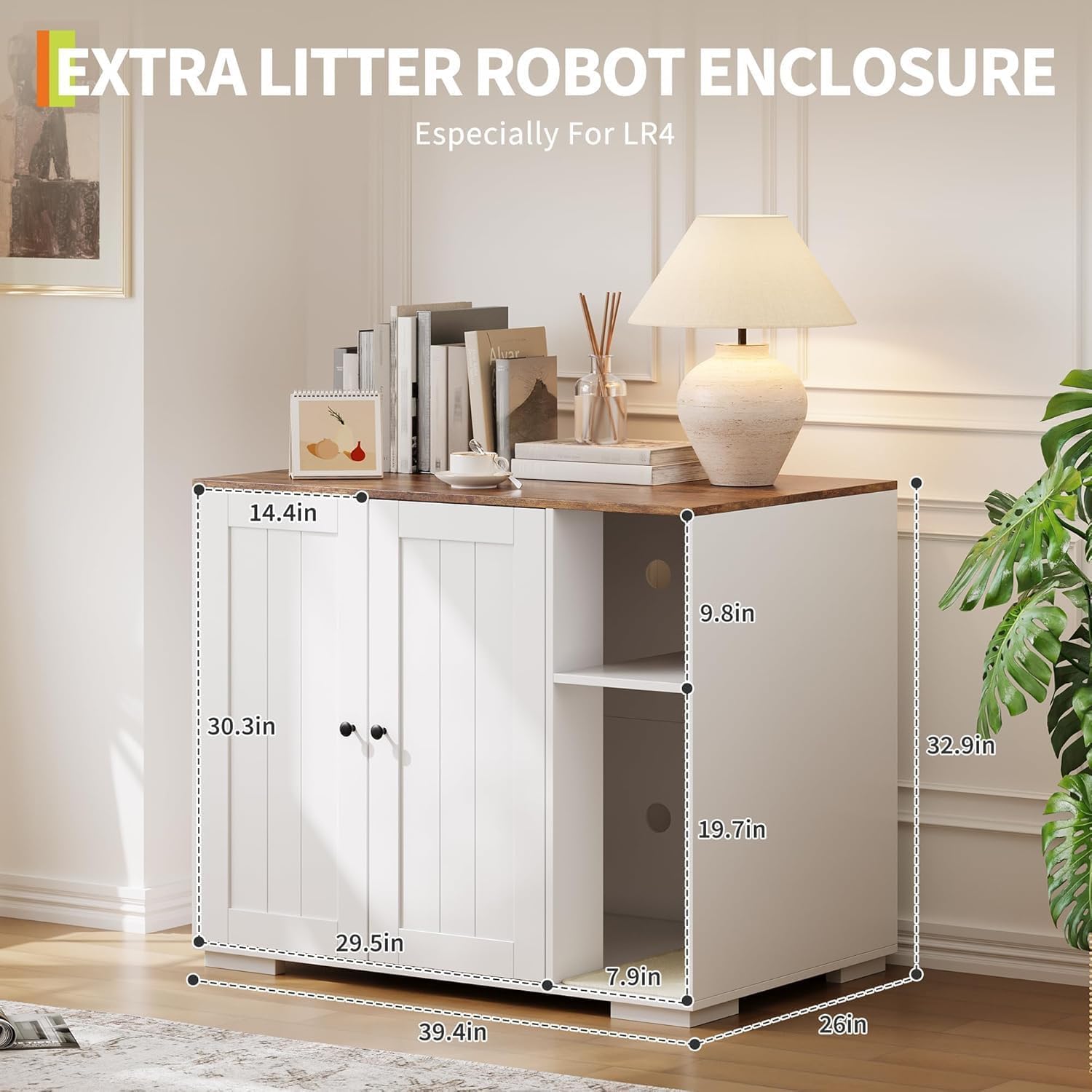 Litter Box Enclosure Cabinet, Built-in Power Outlet & 5 Ft Cord, Cat Litter Furniture with Dog-Proof Shelf and Mat, Fits Most Self-Cleaning Litter Boxes, White
