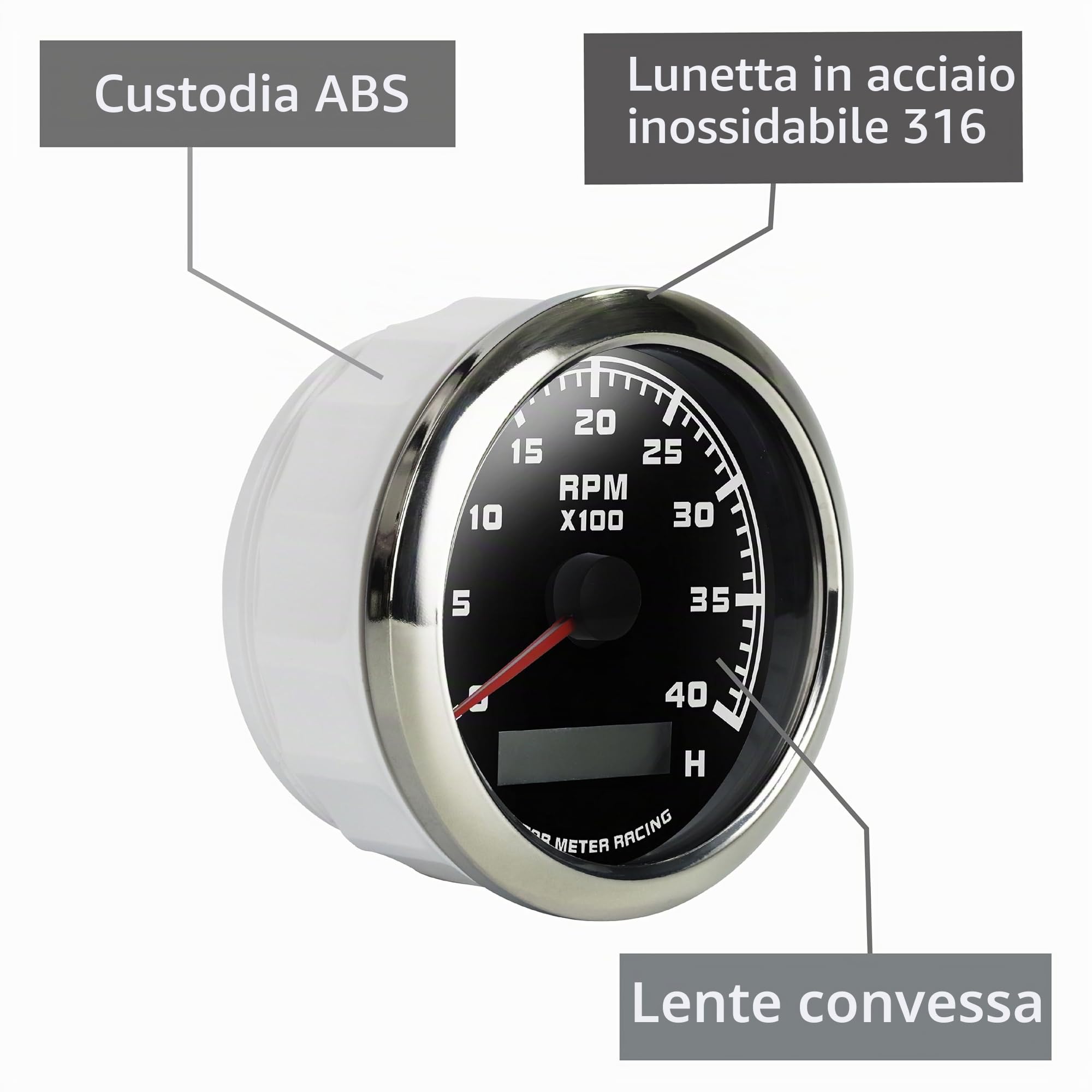 MOTOR METER RACING W Pro Electrical 5 Gauge Set w/strumentazione,3-3/8" 85mm tachimetro,2-1/16" 52mm tensione, livello carburante, temperatura acqua e manometro olio,per barca, yacht,quadrante nero