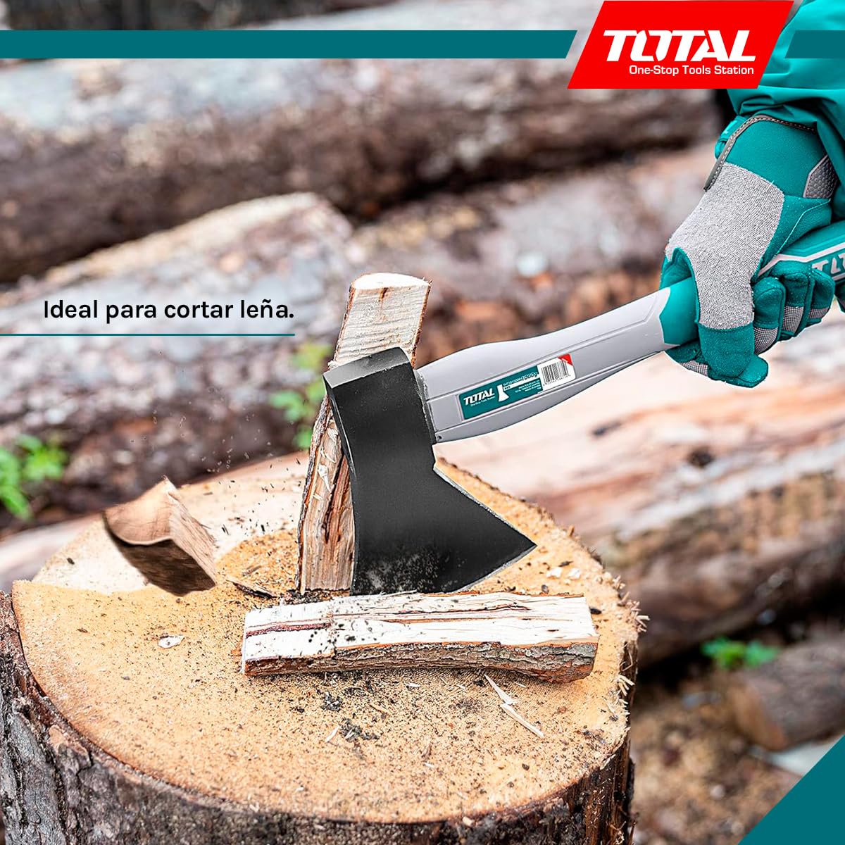 TOTAL - Hacha para leña - Acero al Carbono - Mango Bimaterial y Ergonómico - para tareas de Bricolaje, Camping y Jardinería - Peso: 1000 g