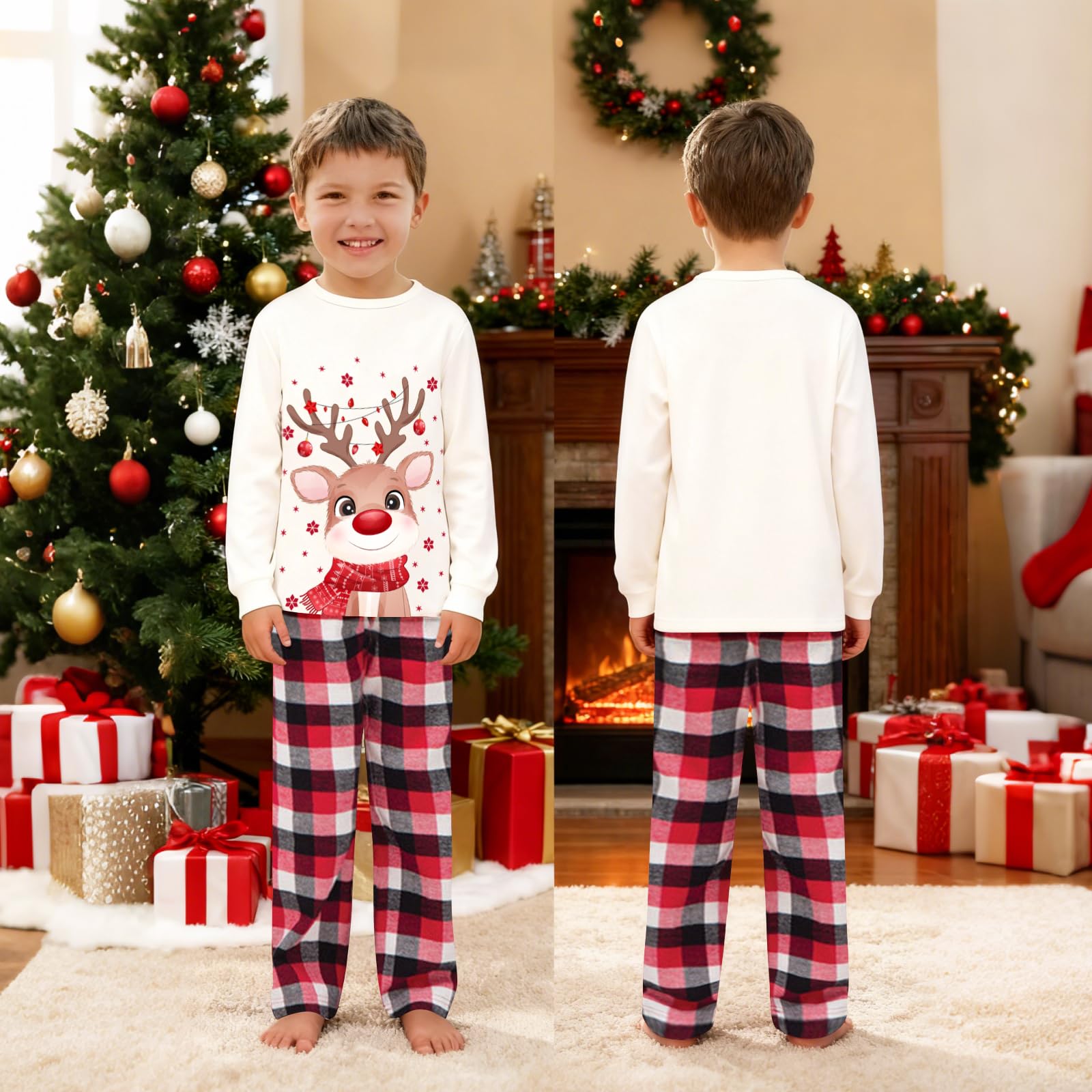 Pyjama Noël Famille Imprimé Élan à Carreaux - Ensemble Manches Longues Rouge Pour Tous
