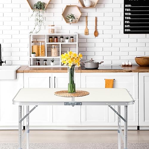 Miniatura 8 de WEI WEI GLOBAL Mesa plegable de aluminio, mesa de campamento multiusos para picnic, mesa rectangular portátil y ajustable, color blanco (3 pies -