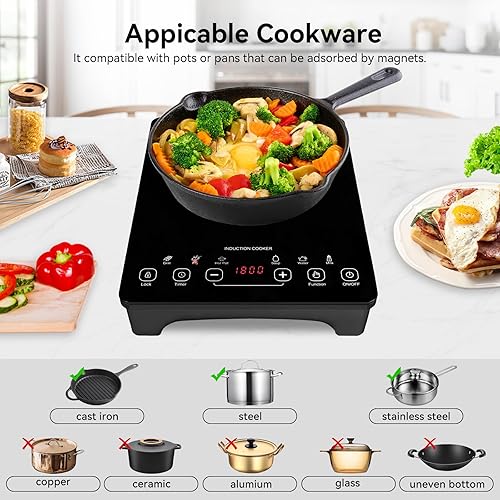 Miniatura 5 de TRIFECTÉ Placa de cocción de inducción portátil de 1800 W, quemador de encimera táctil con sensor, 6 modos de cocción, quemador de inducción de