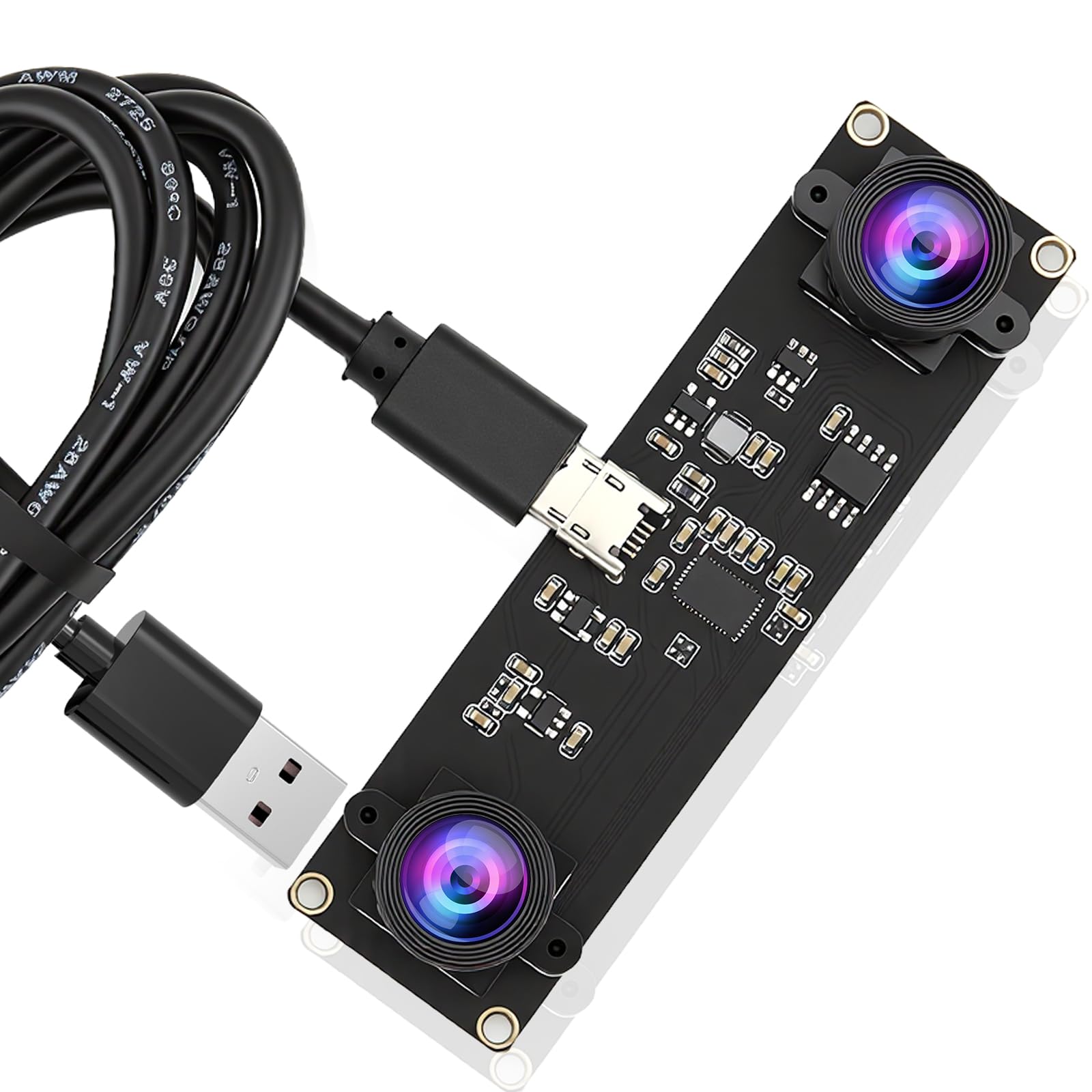 Module Caméra USB Double Objectif 1080P 60fps, Caméra Industrielle UVC Synchronisée sans Distorsion, Caméra Stéréoscopique Vision 3D avec Objectif M12 pour PC Windows Linux Mac